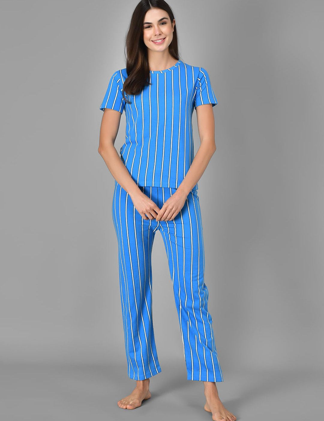 Kotty Women Blue & White Striped Night Suit