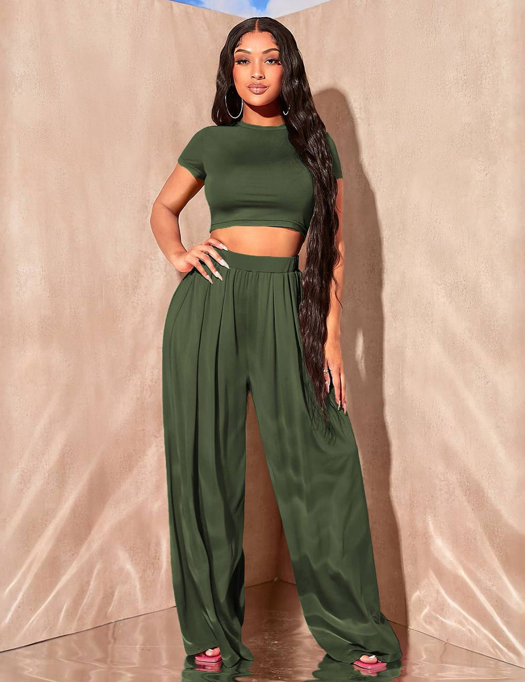 Kotty Olive Green Round Top With Palazzo