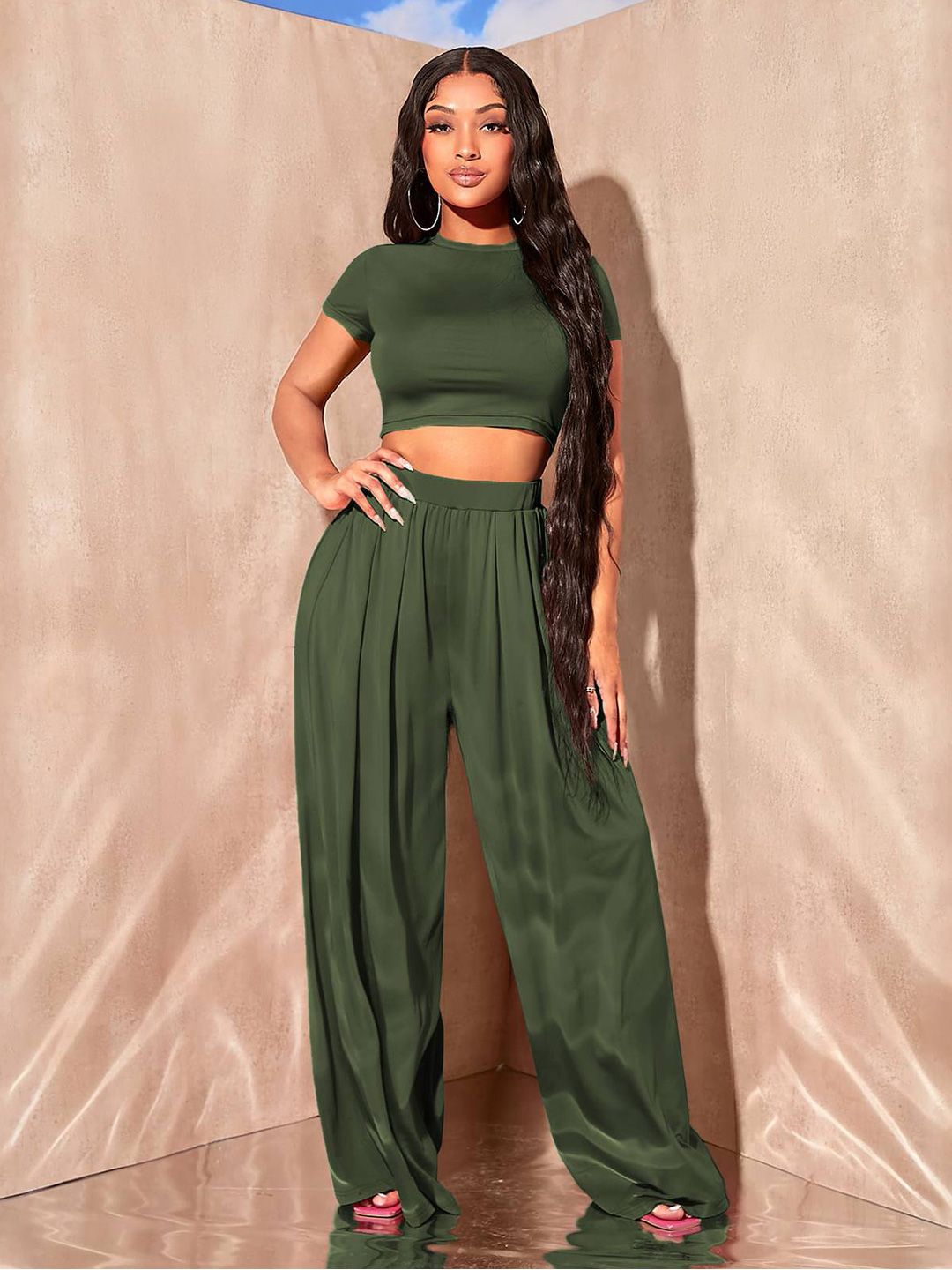 Kotty Olive Green Round Top With Palazzo