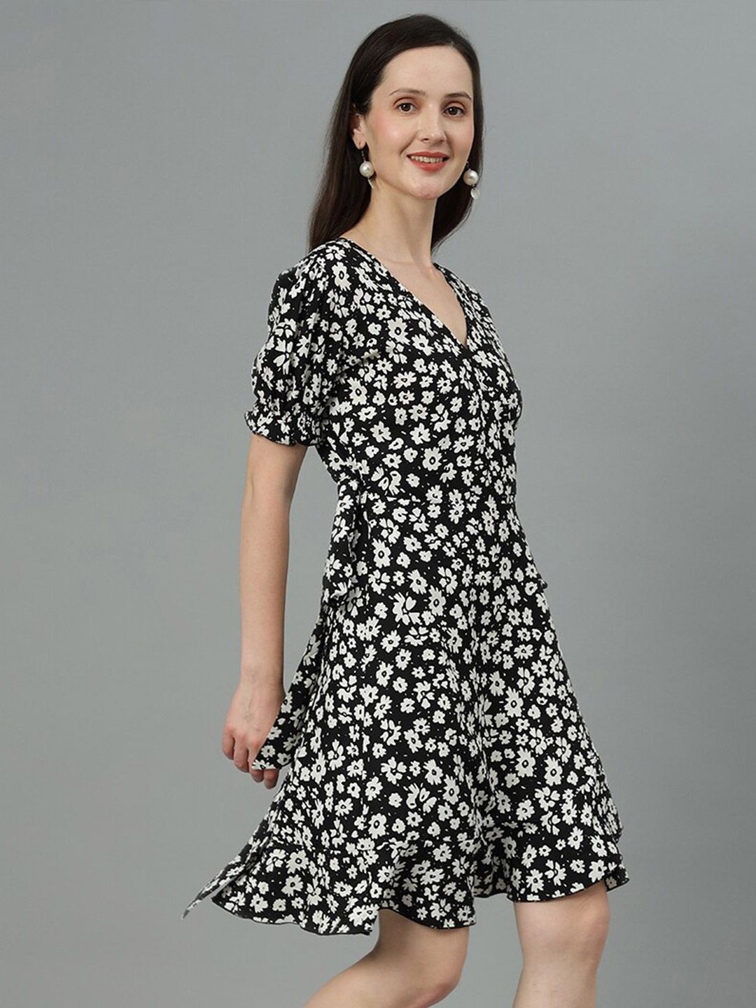 Kotty Black Floral Print A-Line Dress