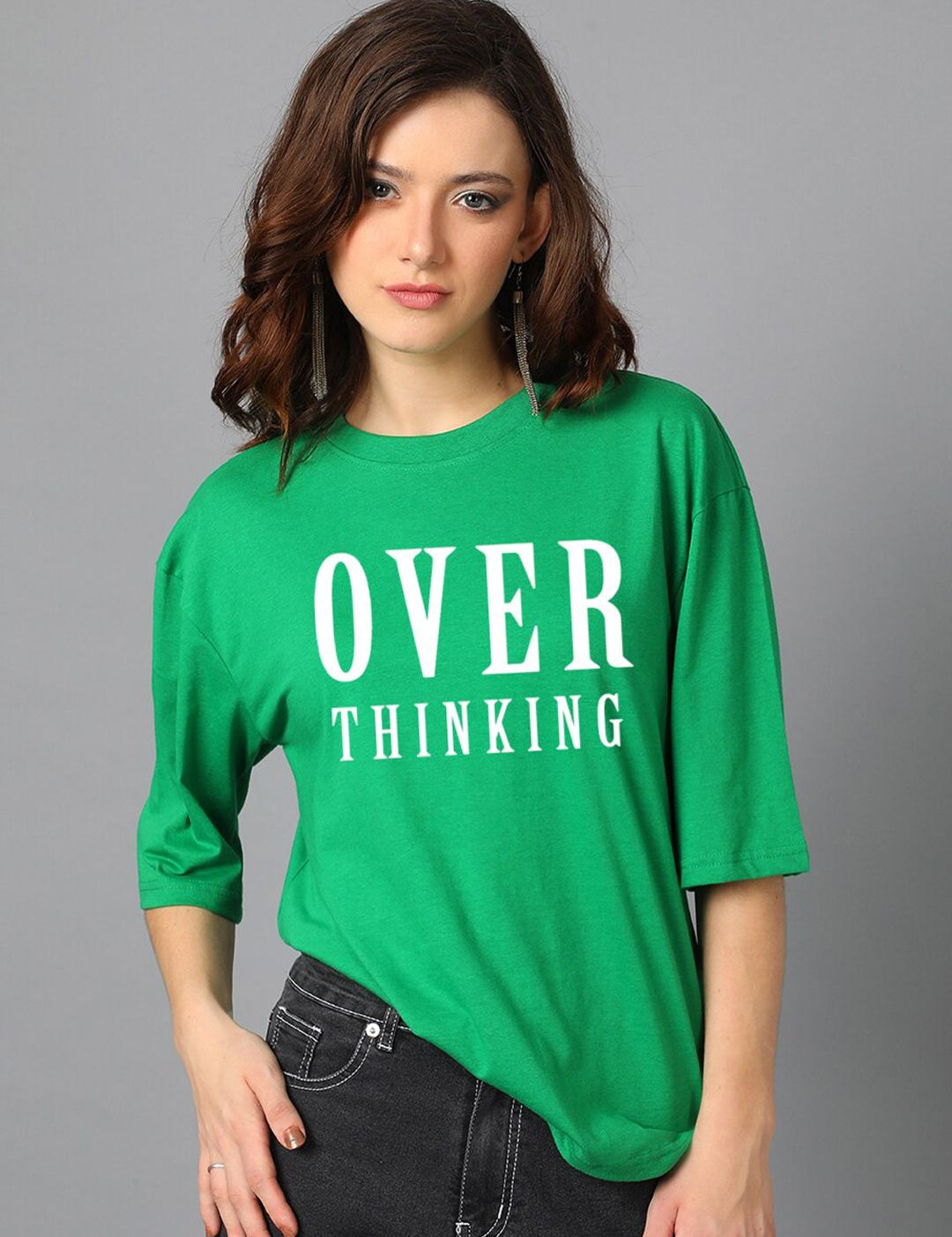 Kotty Green Typography Printed Drop-Shoulder Sleeves Oversized T-shirt