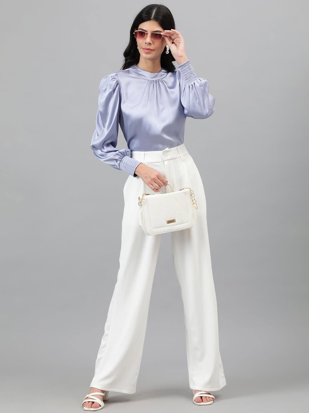 Kotty Purple Puff Sleeves Satin Top