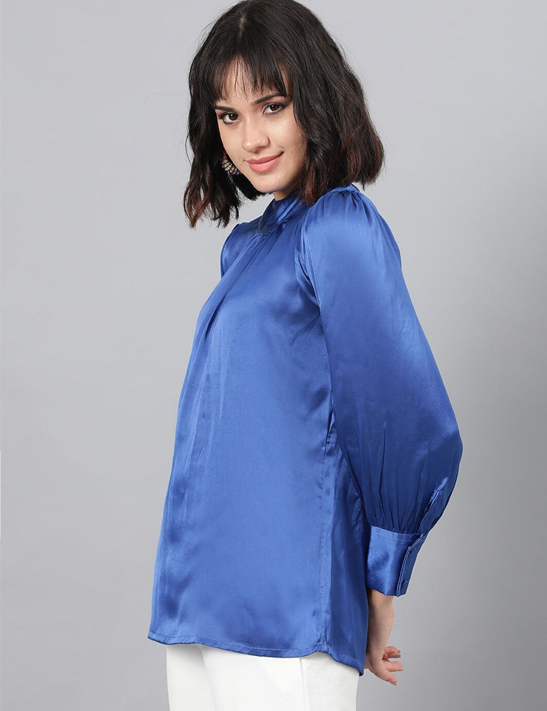 Kotty Blue High Neck Cuffed Sleeve Pleated Satin Top