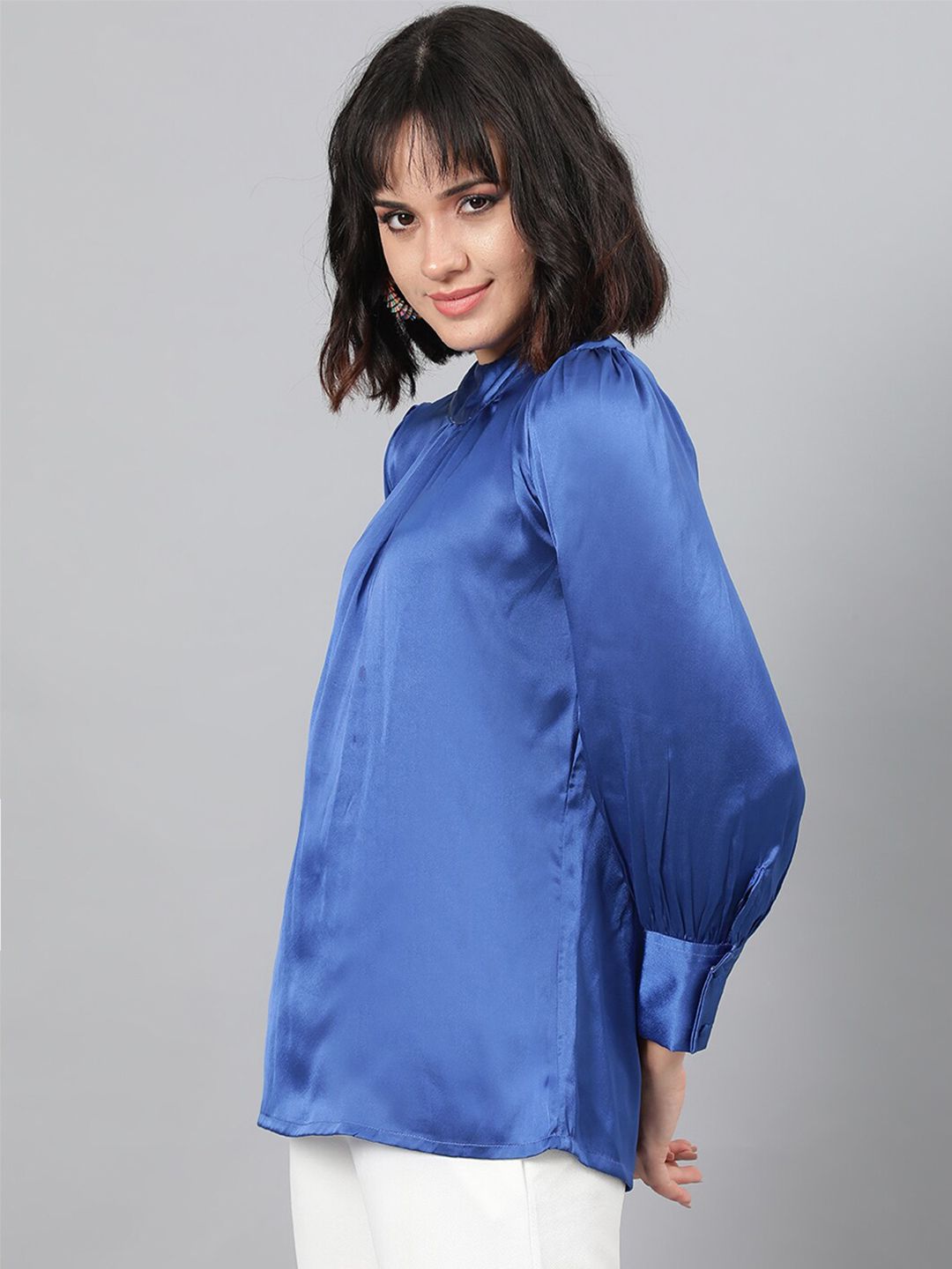 Kotty Blue High Neck Cuffed Sleeve Pleated Satin Top