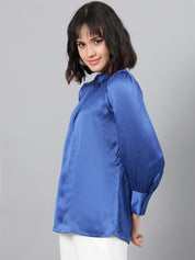 Kotty Blue High Neck Cuffed Sleeve Pleated Satin Top