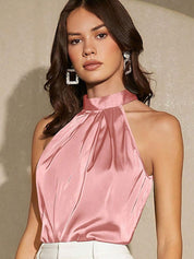 Kotty Pink High Neck Sleeveless Satin Top