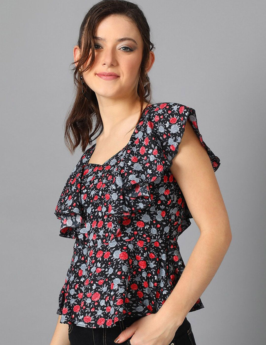 Kotty Black Floral Printed Sweetheart Neck Flutter Sleeve Peplum Top