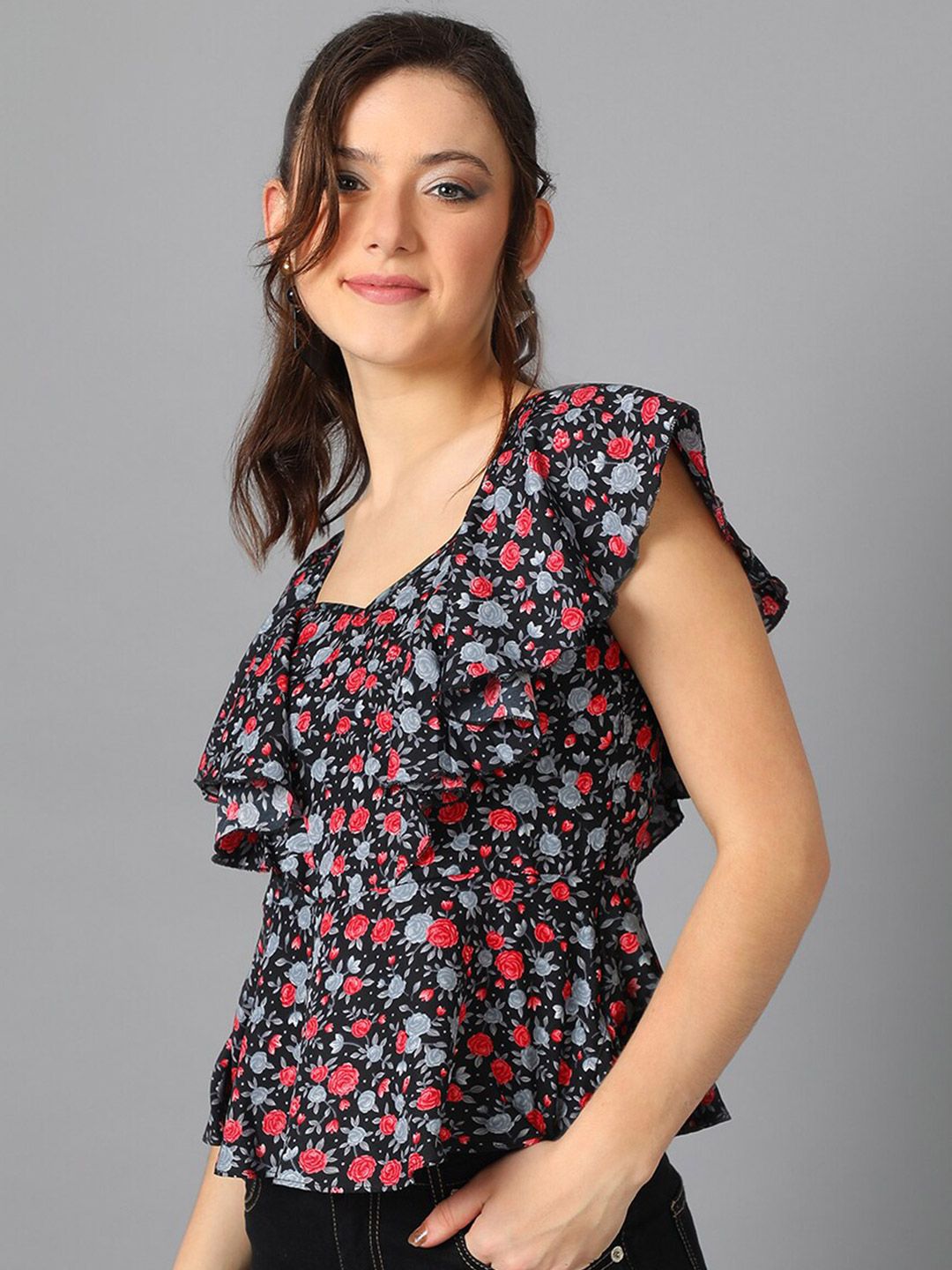 Kotty Black Floral Printed Sweetheart Neck Flutter Sleeve Peplum Top