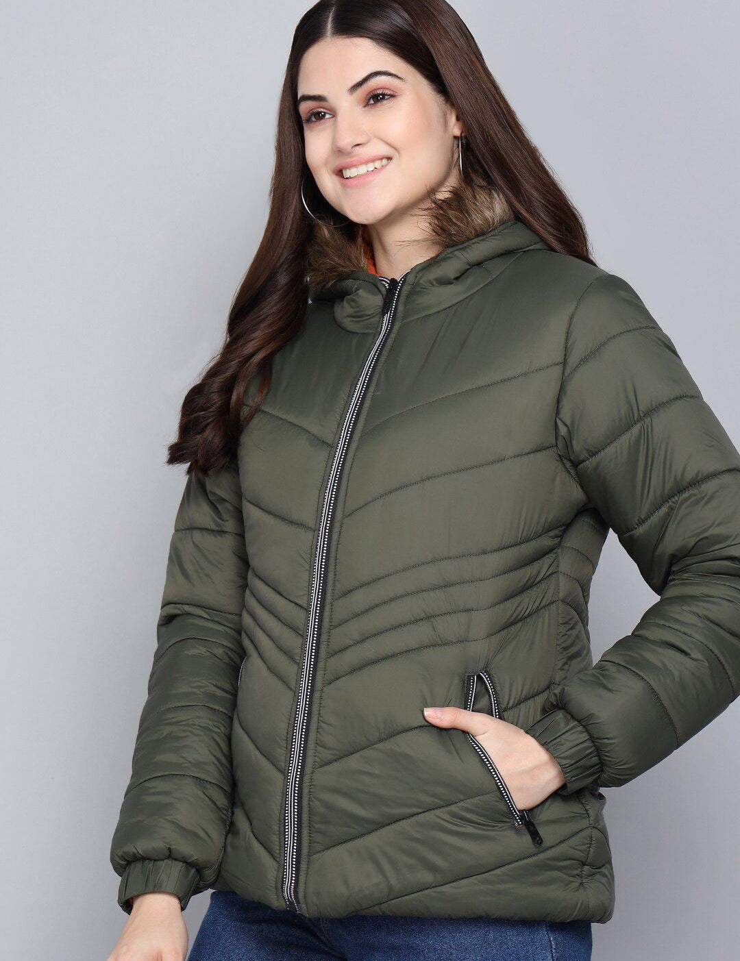 Kotty Women Olive Green Longline Outdoor Padded Jacket