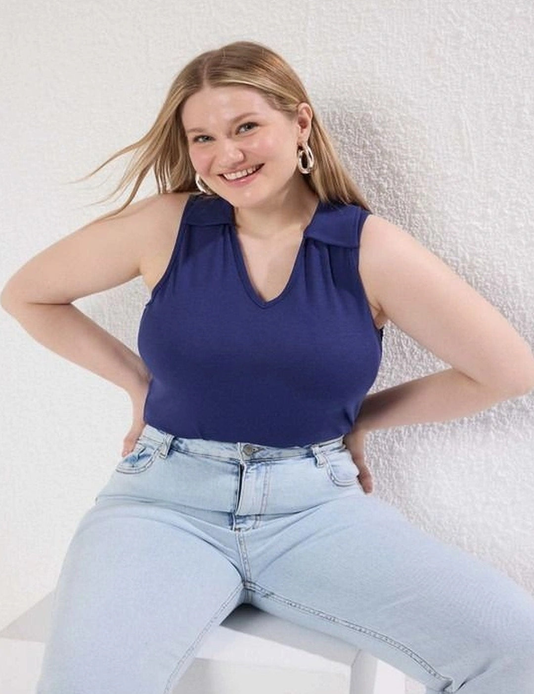 Kotty Women's Denim Blue V-Neck Sleeveless Top | Casual Stylish Wear