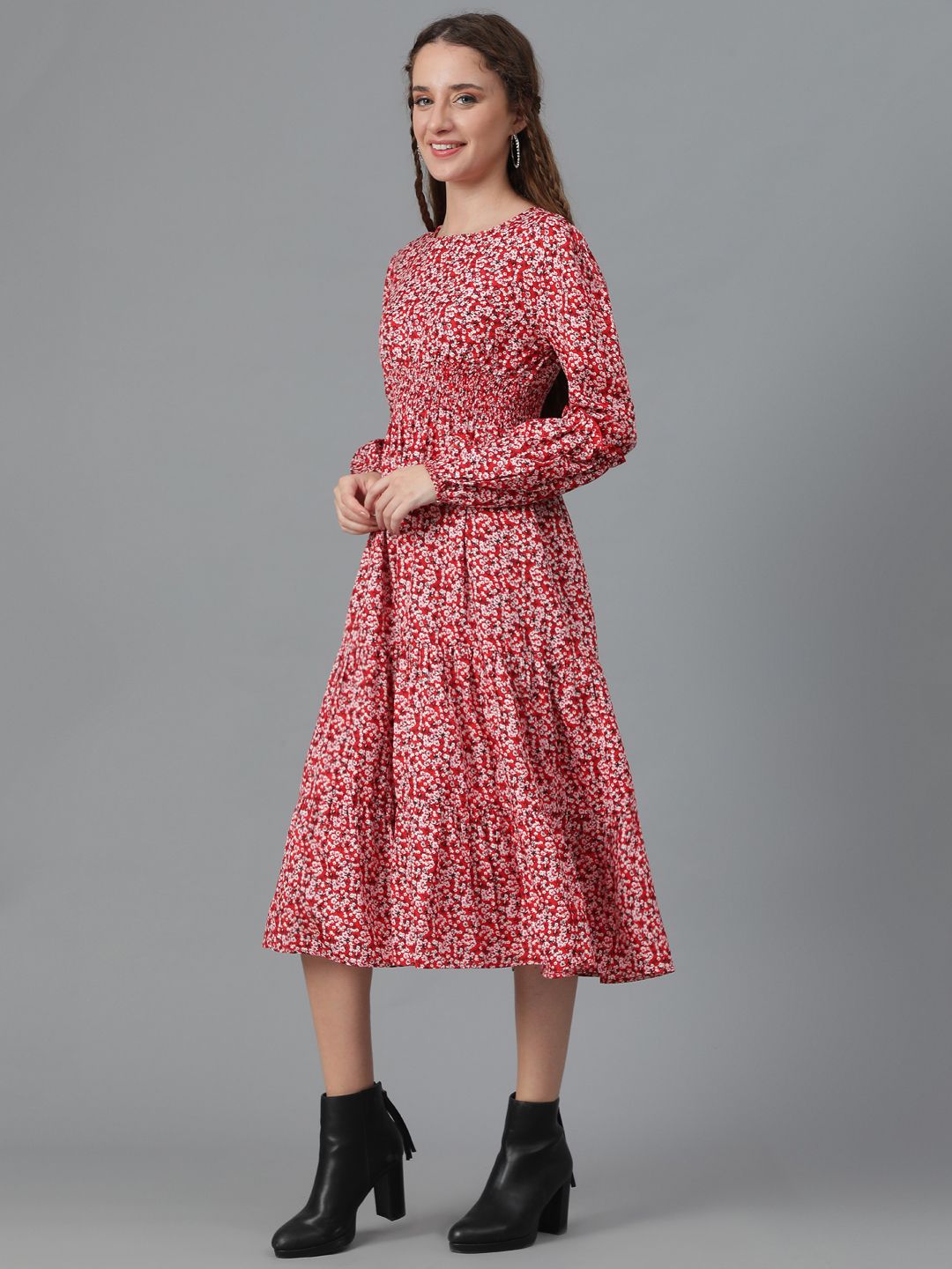 Kotty Floral Printed Puff Sleeve Layered Crepe Fit & Flare Midi Dress