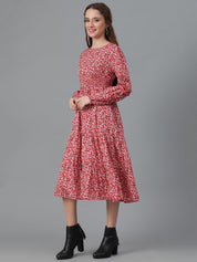 Kotty Floral Printed Puff Sleeve Layered Crepe Fit & Flare Midi Dress