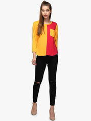 Kotty Women Red & Yellow Colourblocked Round Neck T-shirt