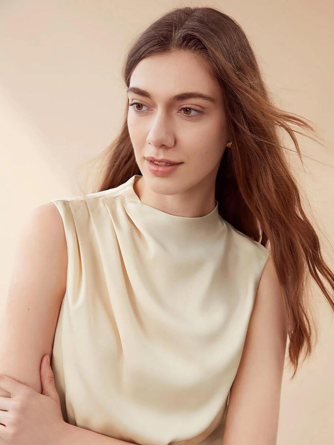 Kotty Beige High Neck Sleeveless Pleated Detail Satin Top