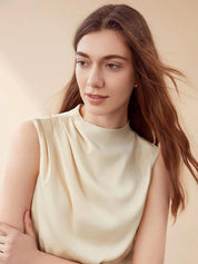 Kotty Beige High Neck Sleeveless Pleated Detail Satin Top