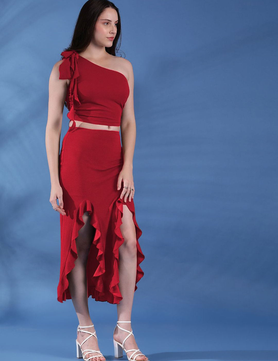 Kotty Maroon One Shoulder Top With Skirt