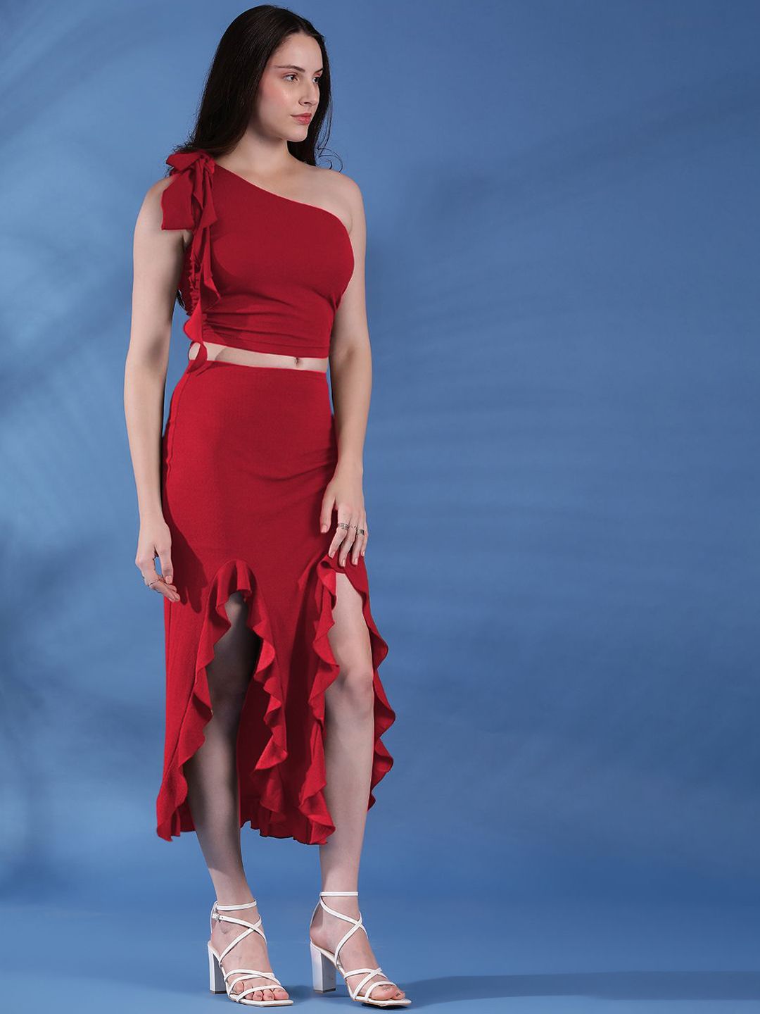 Kotty Maroon One Shoulder Top With Skirt