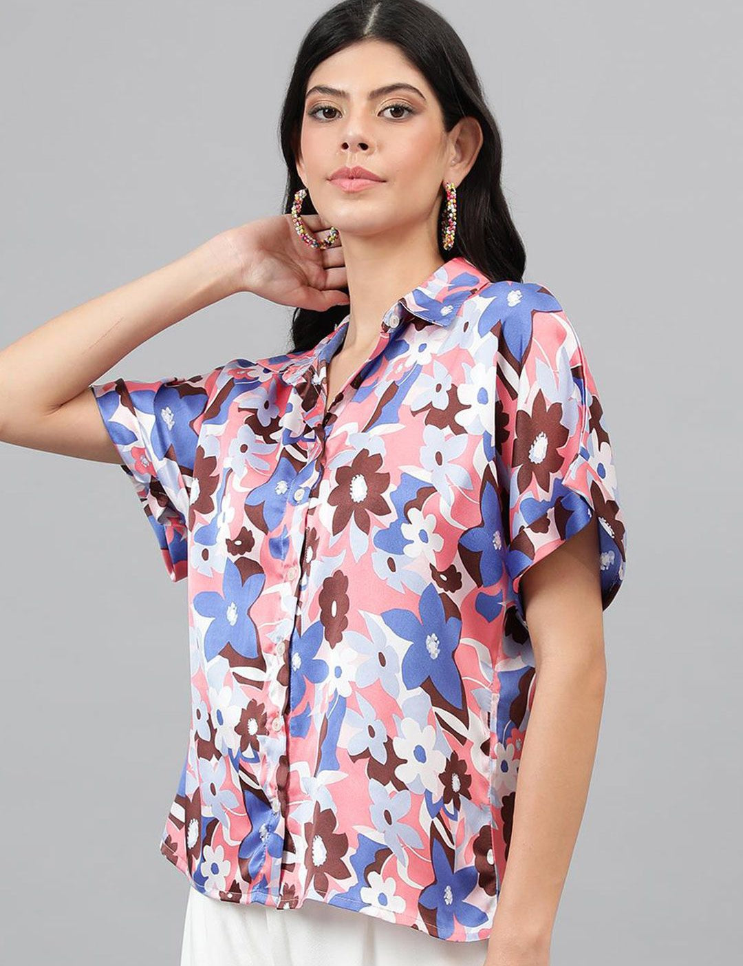 Kotty White & Blue Floral Printed Satin Shirt Style Top