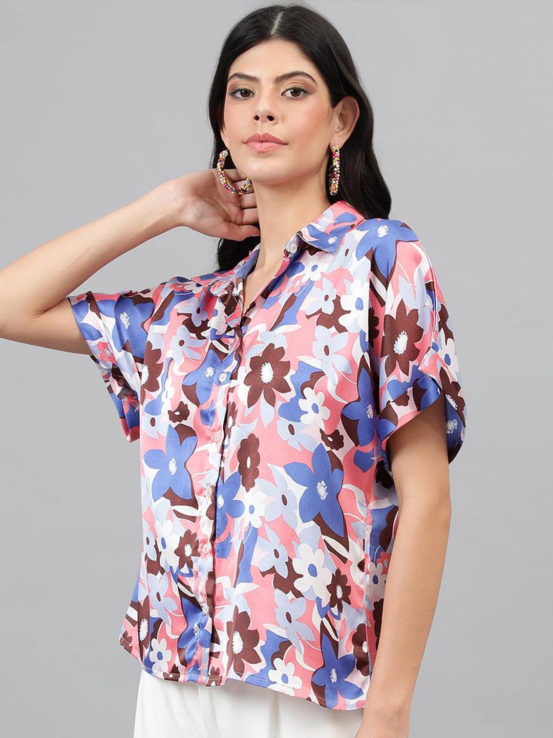 Kotty White & Blue Floral Printed Satin Shirt Style Top