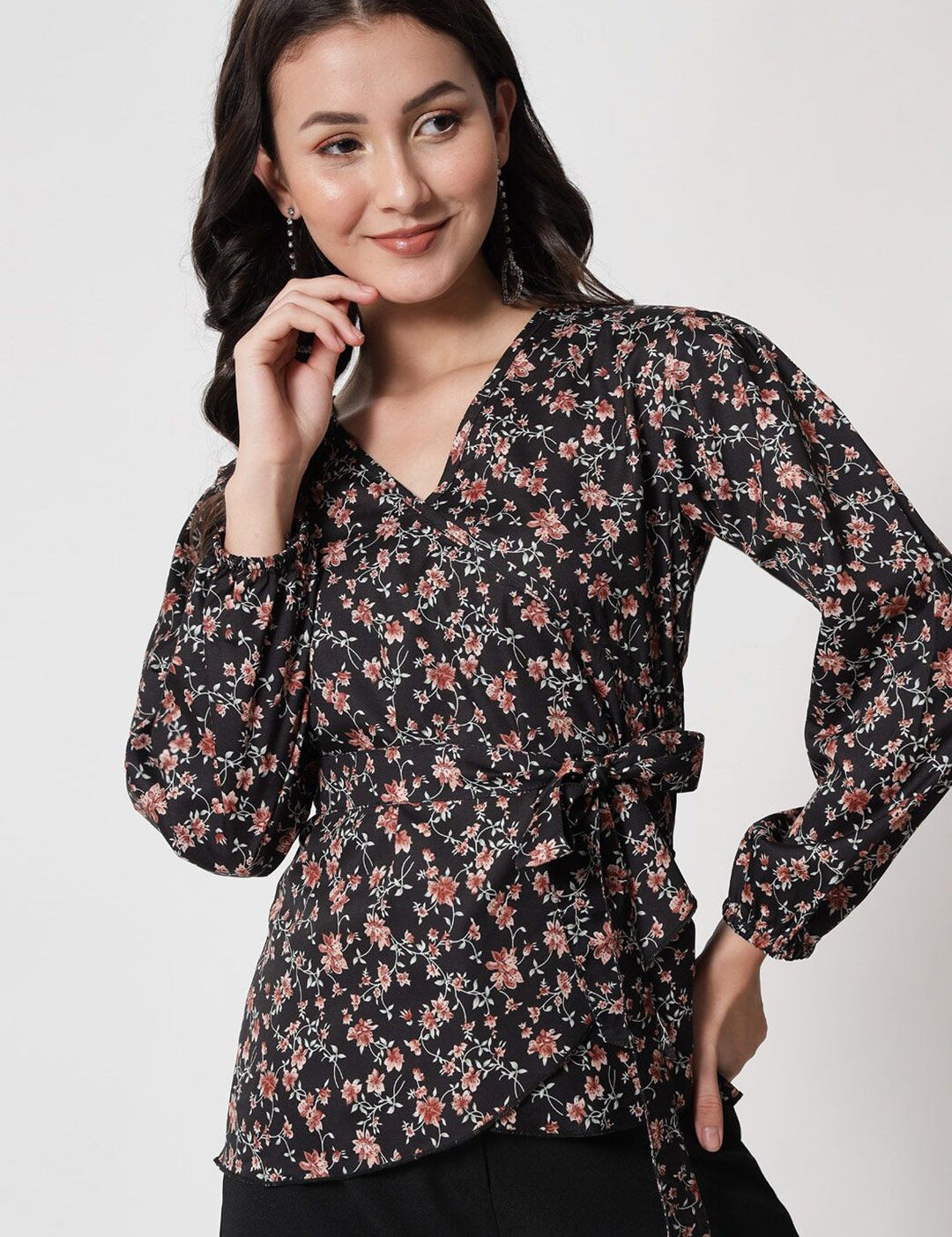 Kotty Black & Pink Floral Print Crepe Wrap Top