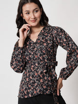 Kotty Black & Pink Floral Print Crepe Wrap Top