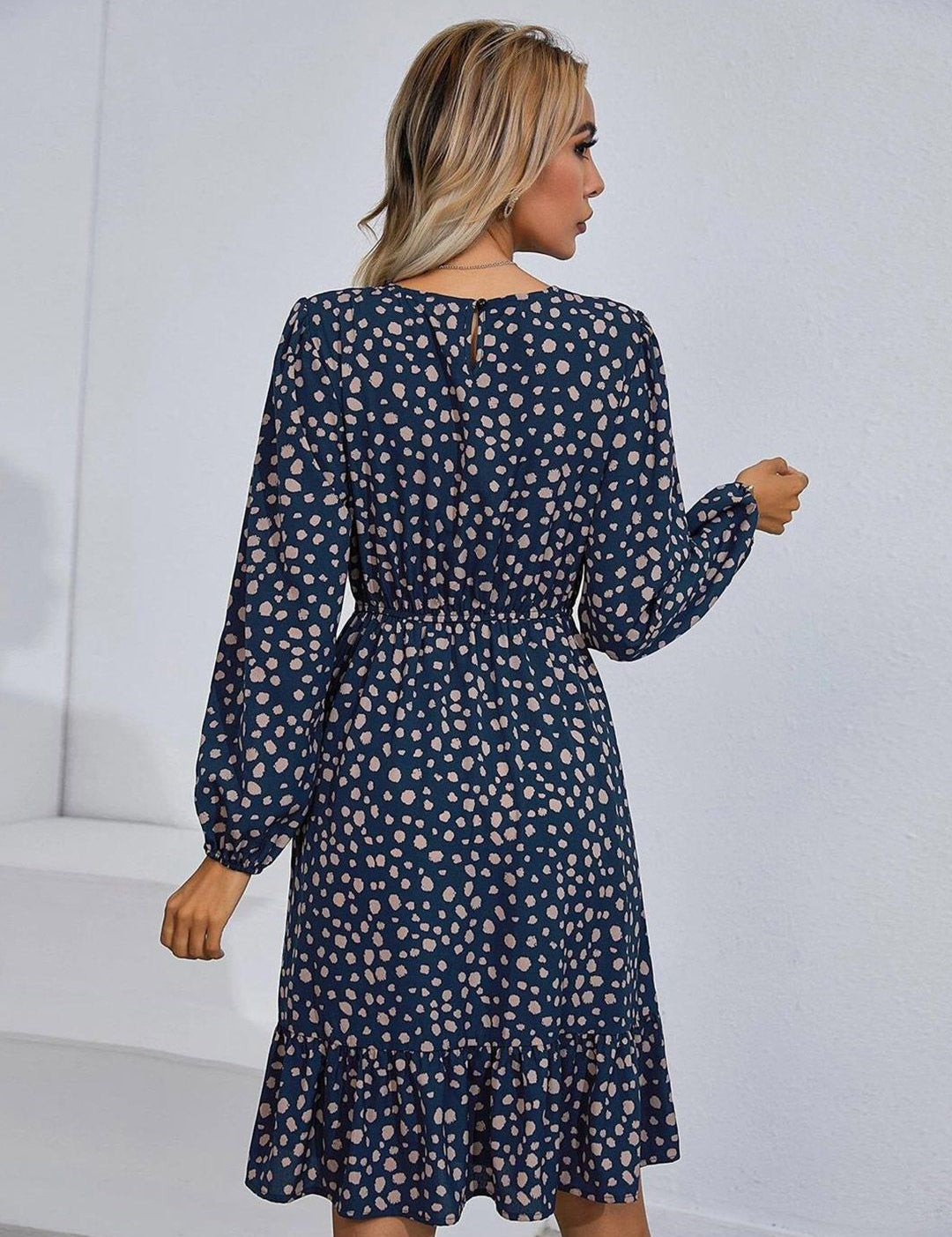 Kotty Navy Blue Floral Print Puff Sleeve Fit & Flare Dress