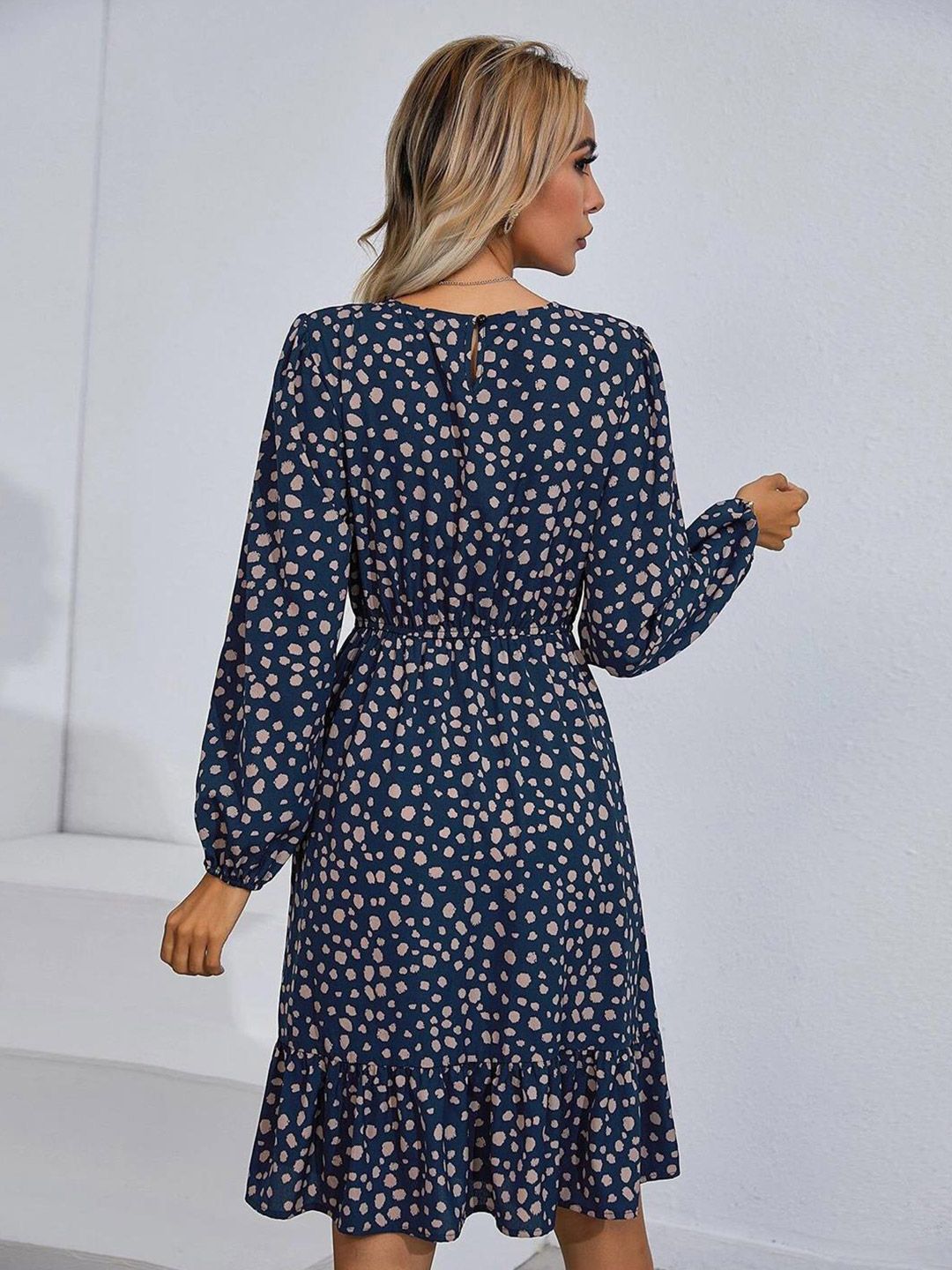 Kotty Navy Blue Floral Print Puff Sleeve Fit & Flare Dress
