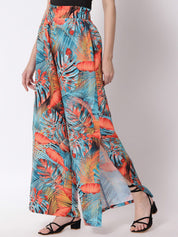 Kotty Women Blue Floral Printed Relaxed Flared High-Rise Easy Wash Pleated Trousers