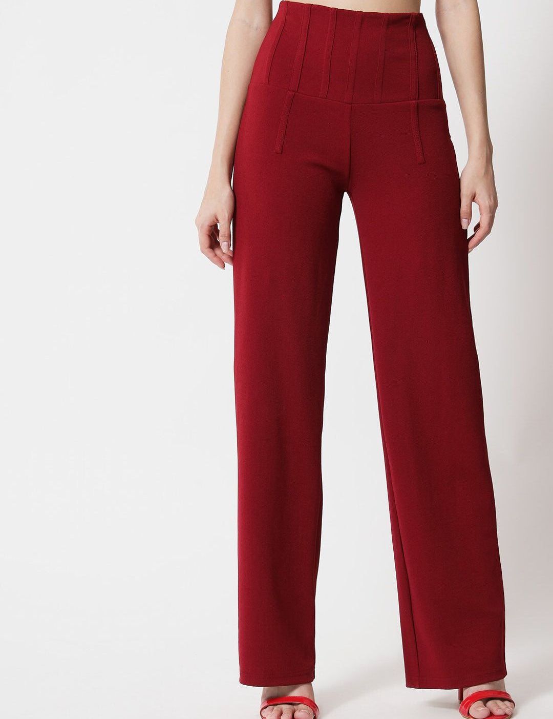 Kotty Women Maroon Relaxed Straight Fit High-Rise Easy Wash Pleated Trousers