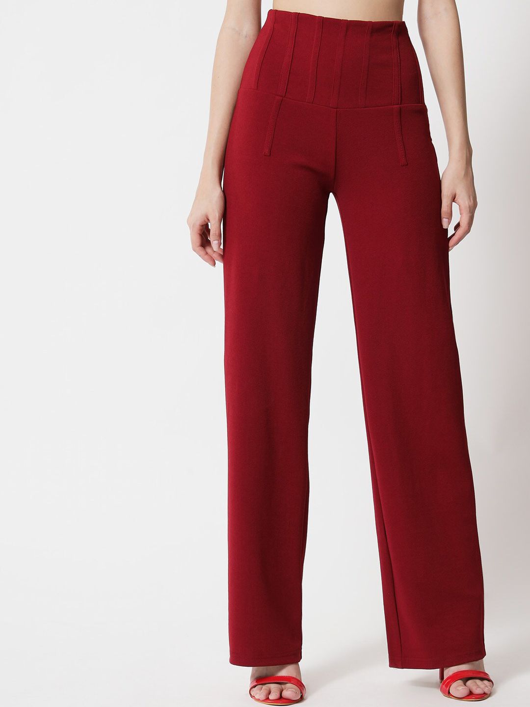 Kotty Women Maroon Relaxed Straight Fit High-Rise Easy Wash Pleated Trousers