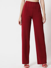 Kotty Women Maroon Relaxed Straight Fit High-Rise Easy Wash Pleated Trousers