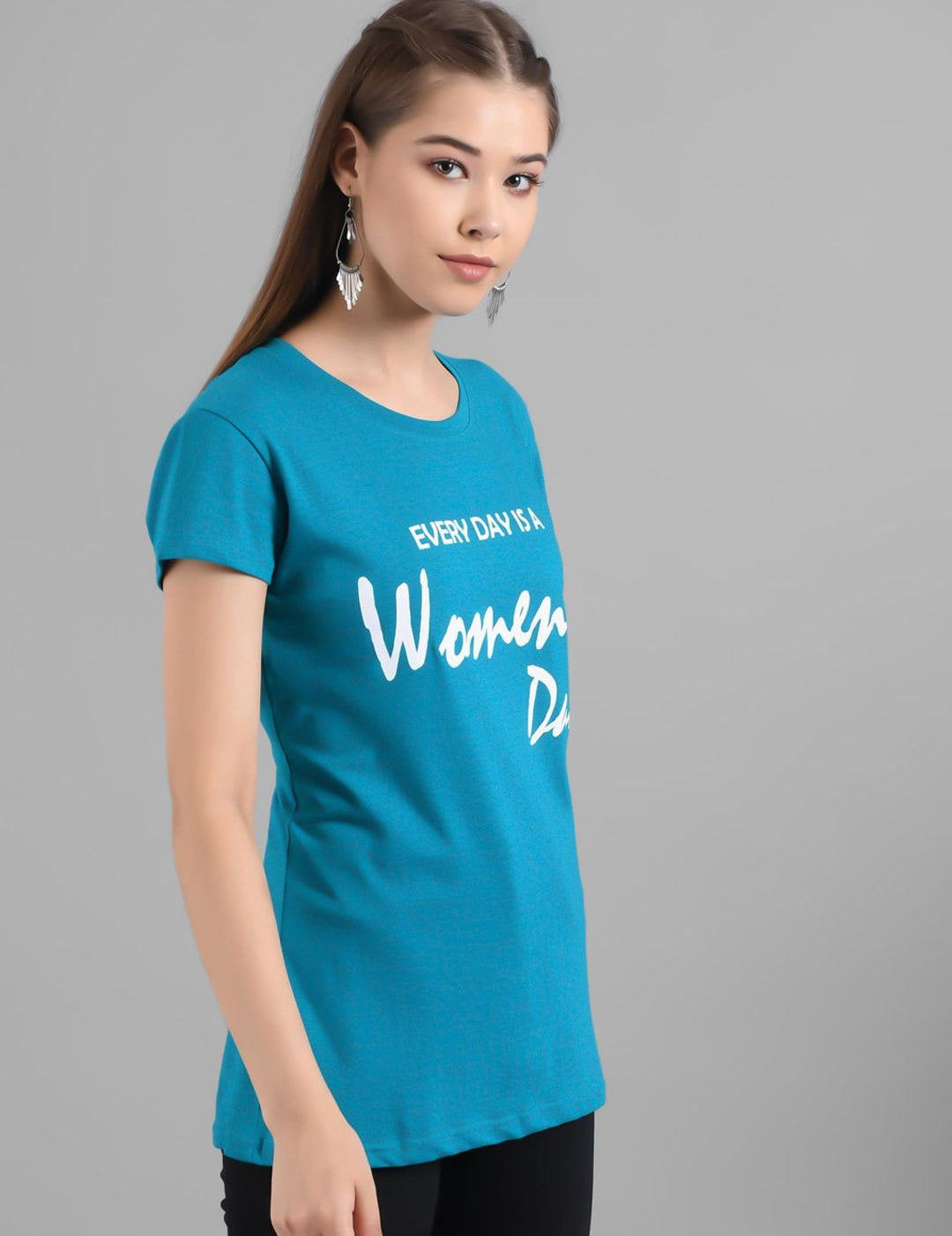 Kotty Women Turquoise Blue Printed Round Neck T-shirt
