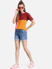 Kotty Women Red & Pink Colourblocked Round Neck T-shirt
