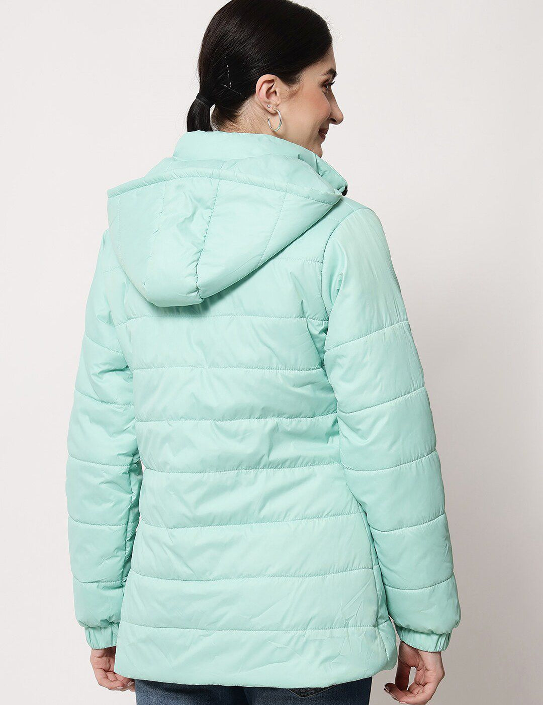Kotty Women Sea Green Solid Hooded Puffer Jacket
