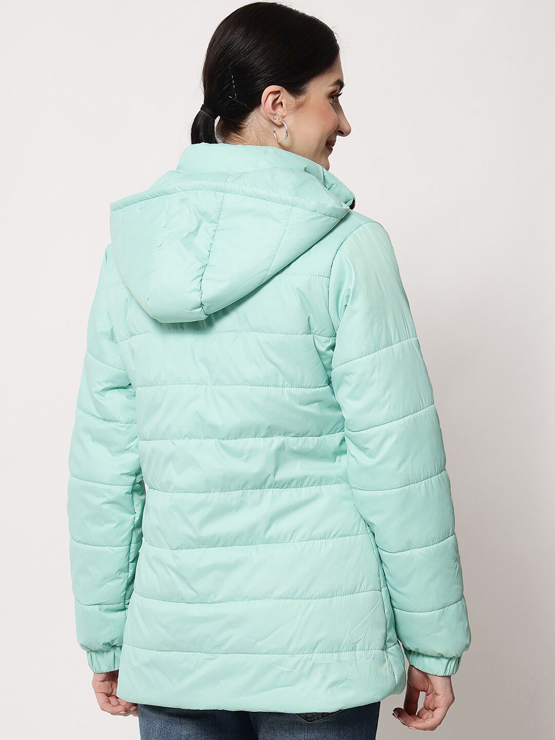 Kotty Women Sea Green Solid Hooded Puffer Jacket