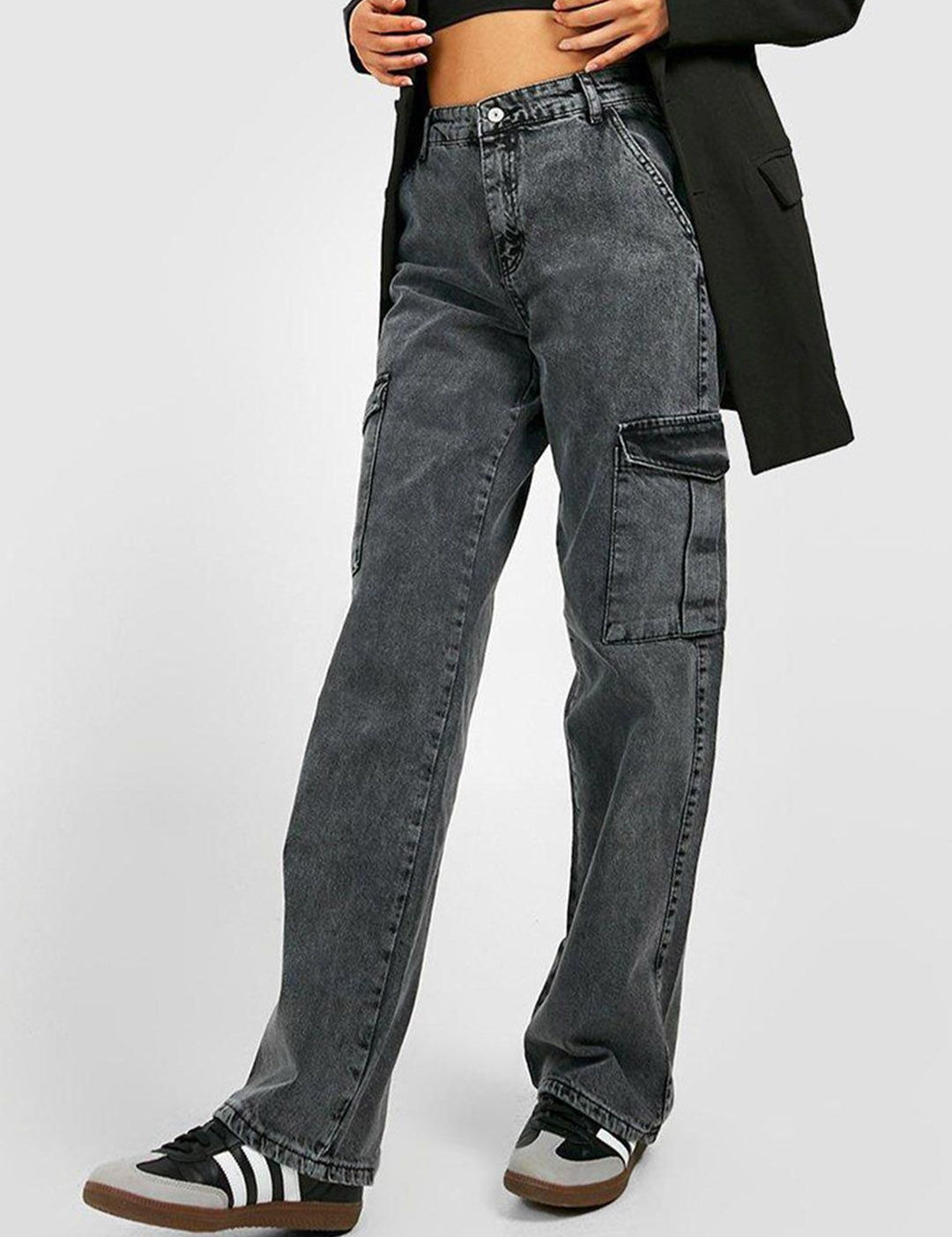 Kotty Women Grey Jean Straight Fit High Rise Stretchable Cargo Jeans