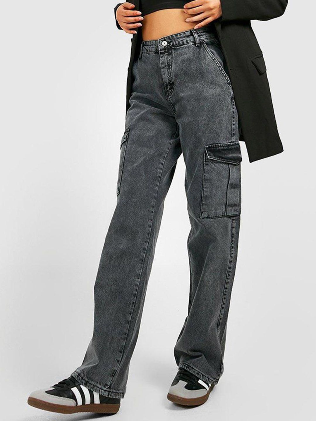 Kotty Women Grey Jean Straight Fit High Rise Stretchable Cargo Jeans