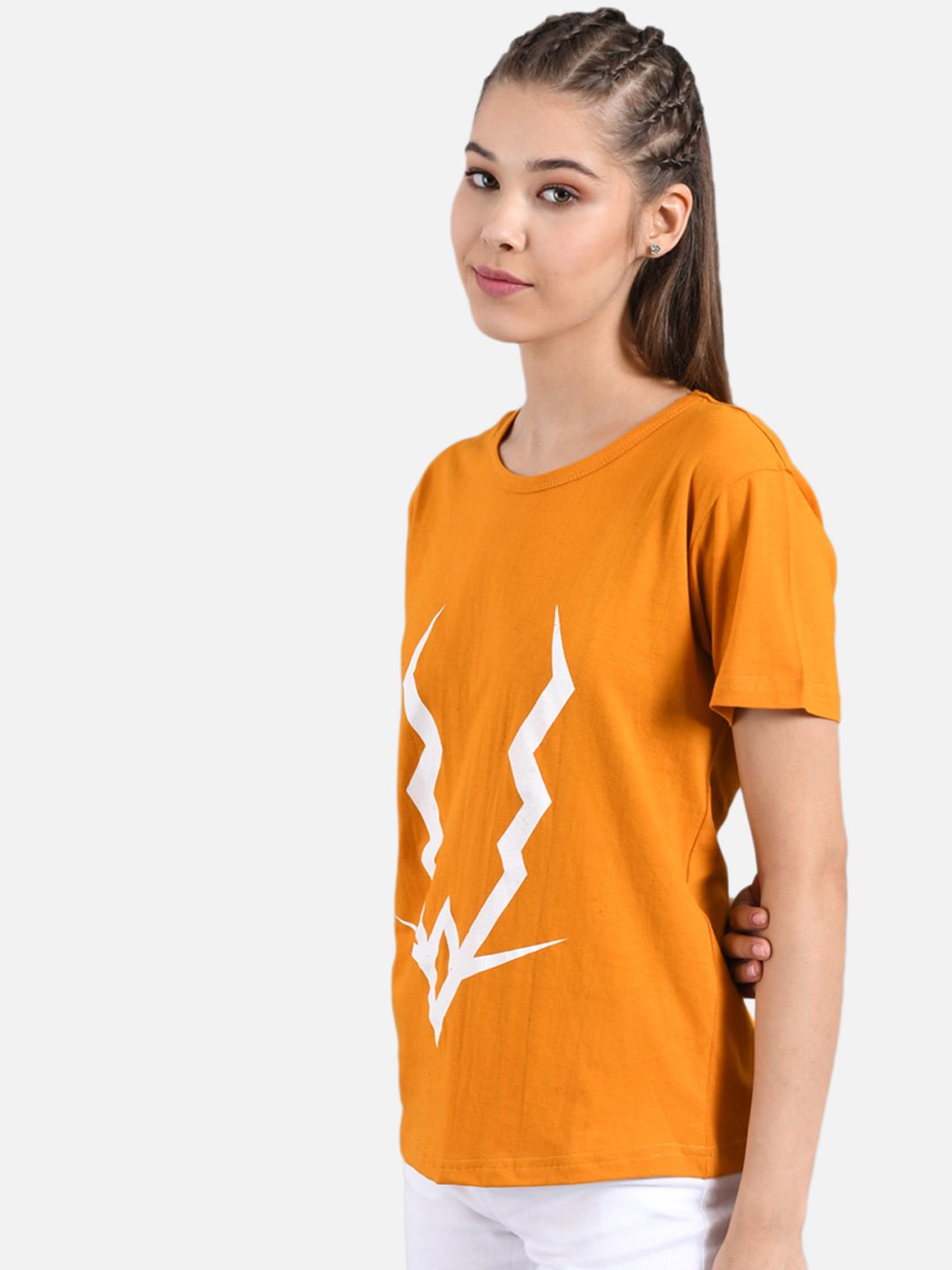 Kotty Women Orange Printed Round Neck T-shirt