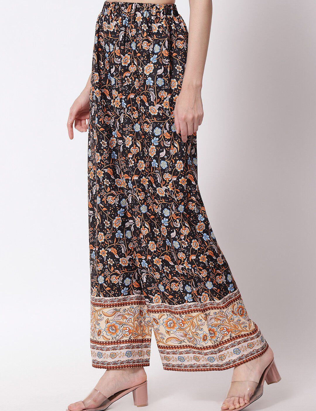 Kotty Women Brown Ethnic Motifs Printed Relaxed Flared High-Rise Easy Wash Trousers