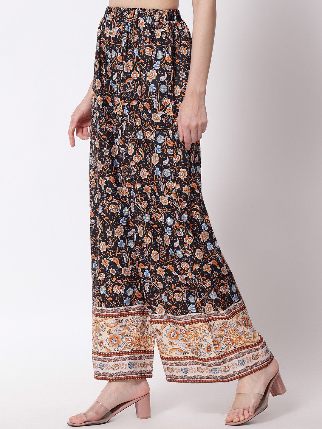 Kotty Women Brown Ethnic Motifs Printed Relaxed Flared High-Rise Easy Wash Trousers