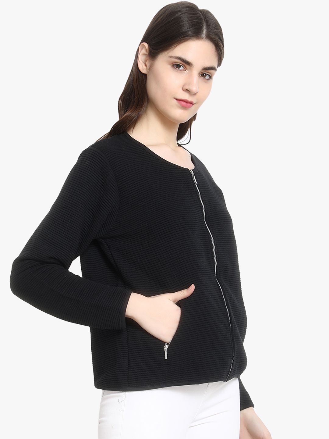 Kotty Women Black Self Design Lightweight Tailored Jacket