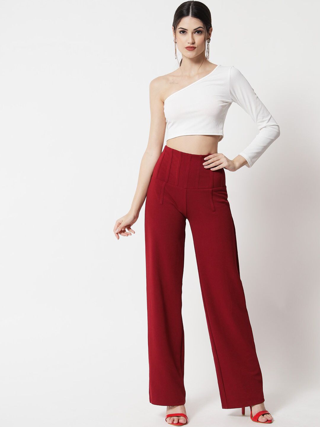 Kotty Women Maroon Relaxed Straight Fit High-Rise Easy Wash Pleated Trousers