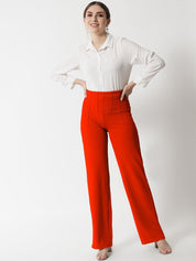 Kotty Women Orange Relaxed Straight Fit High-Rise Easy Wash Pleated Trousers