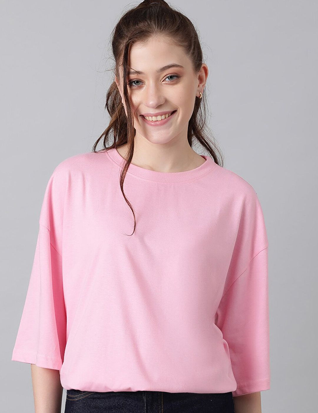 KOTTY Basics Pink Round Neck Oversized T-shirt