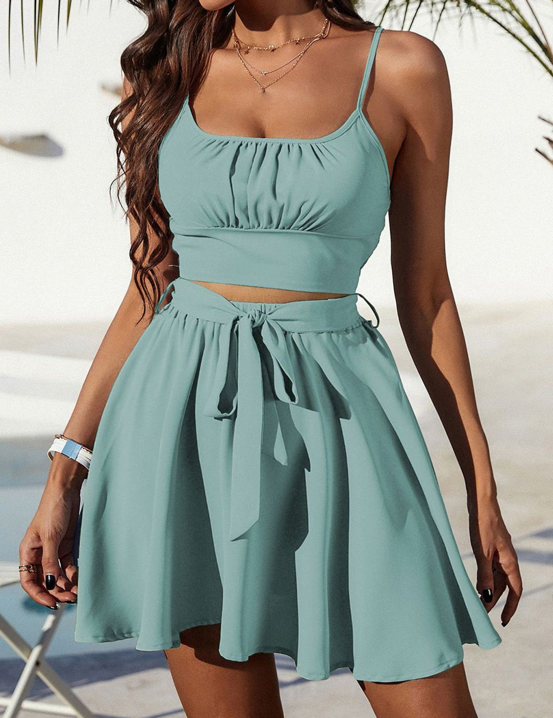 Kotty Green Shoulder Straps Top With Skirt