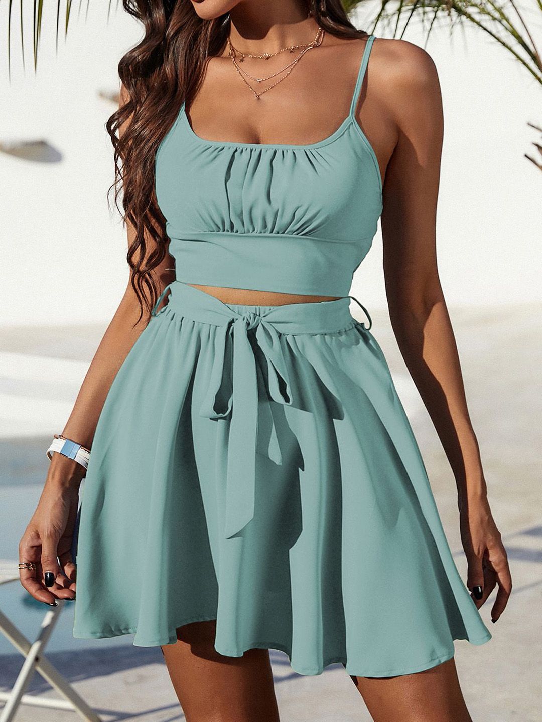 Kotty Green Shoulder Straps Top With Skirt