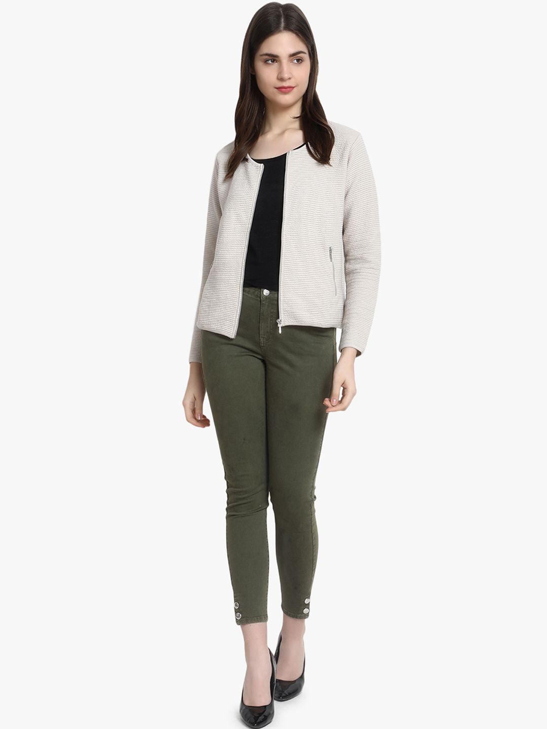 Kotty Women Off-White Self Design Lightweight Tailored Jacket