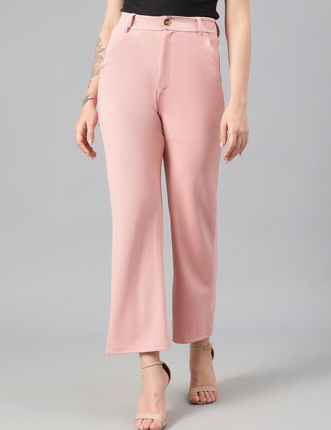 Kotty Women Pink Relaxed Straight Leg Fit High-Rise Easy Wash Parallel Trousers
