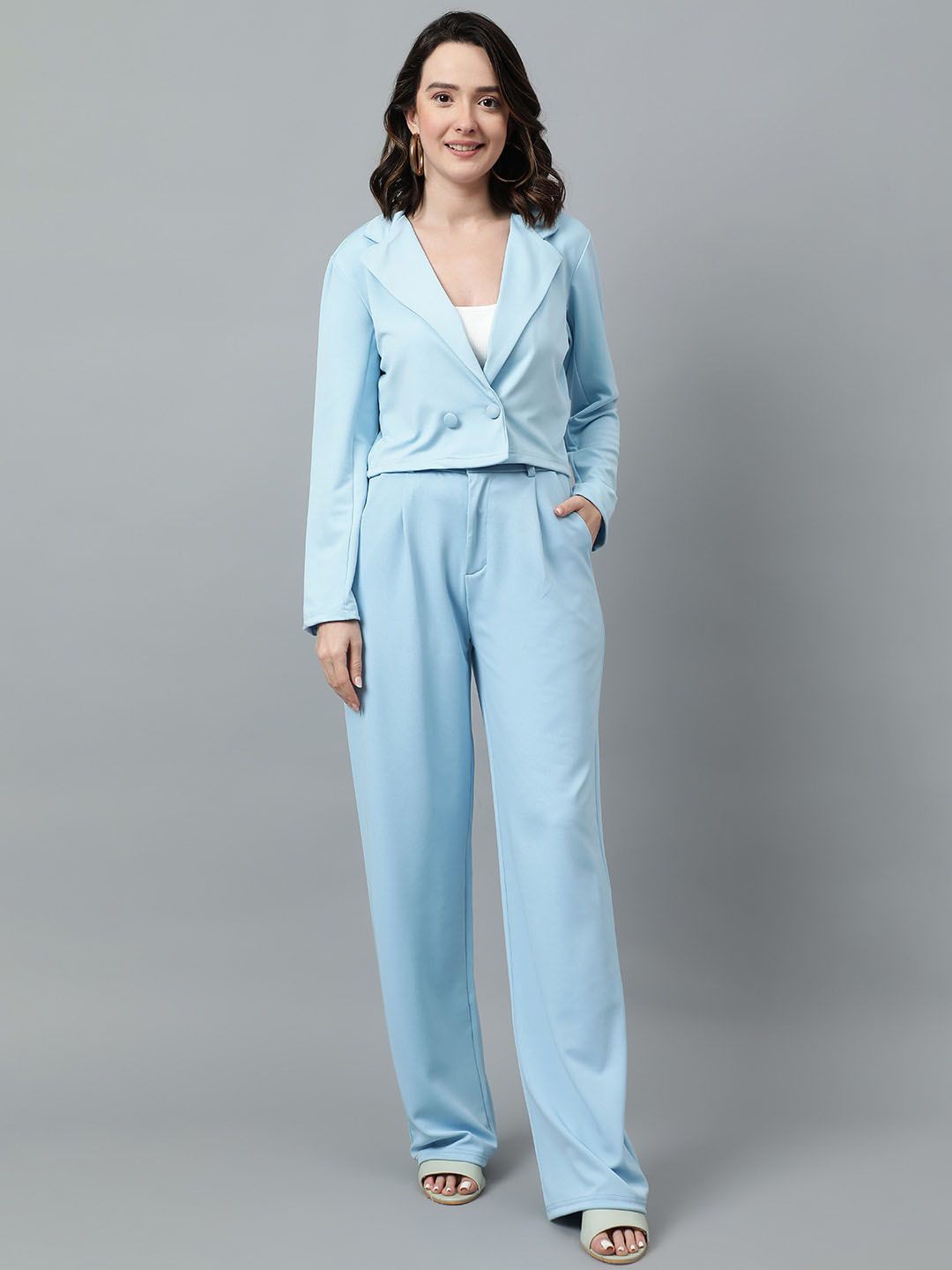 KOTTY BIZwear Blue Notched Lapel Collar Blazer & Mid Rise Trouser