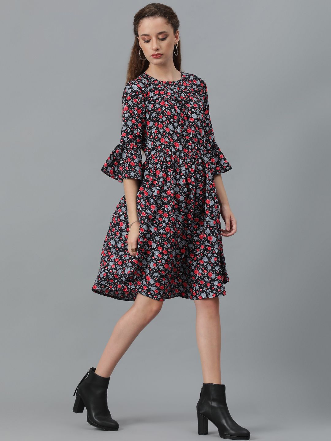Kotty Floral Printed Bell Sleeve Gathered or Pleated Crepe A-Line Dress